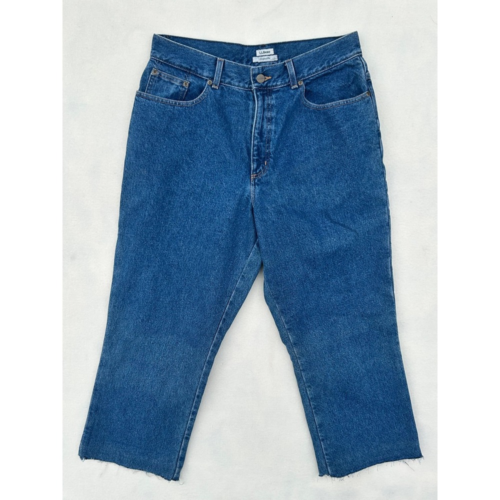 LL Bean Womens 14 Original Fit Flannel Lined Jeans Blue Plaid High Rise Raw Hem
